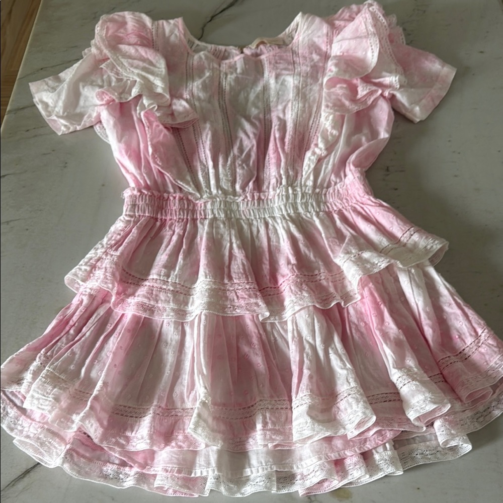 LoveShackFancy Pink and White Ruffled Dress